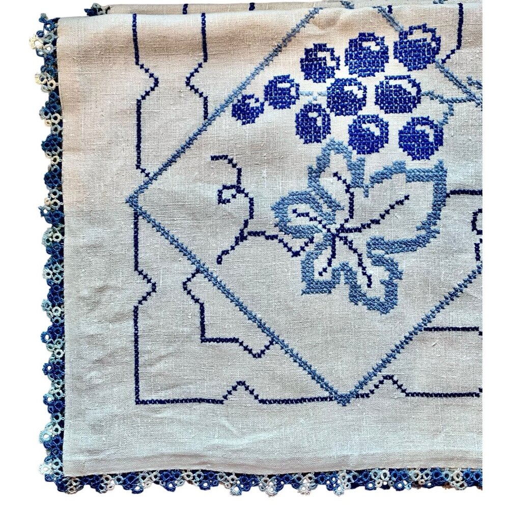 Vintage Hand-Embroidered Tablecloth With Blue Floral Design & Crocheted tatting - Picture 6 of 6